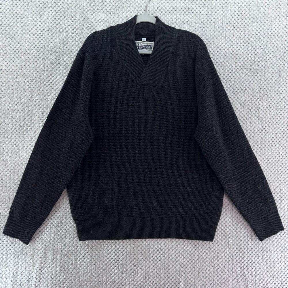 Schott Bros Sweater Men 2XL Dark Gray Wool Waffle Knit Shawl Neck PullOver